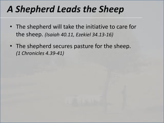 A Shepherd Leads the SheepThe shepherd will take the initiative to care for the sheep.(Isaiah 40.11, Ezekiel 34.13-16)The shepherd secures pasture for the sheep.                      (1 Chronicles 4.39-41)