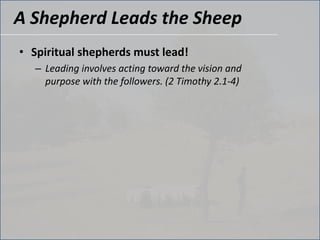A Shepherd Leads the SheepSpiritual shepherds must lead!Leading involves acting toward the vision and purpose with the followers. (2 Timothy 2.1-4) 