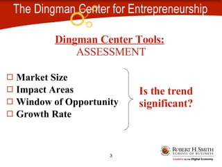 Dingman Center Tools: ASSESSMENT Market Size Impact Areas Window of Opportunity Growth Rate Is the trend significant?