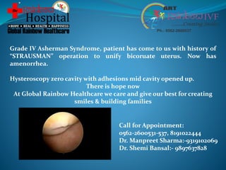 Grade IV Asherman Syndrome, patient has come to us with history of
“STRAUSMAN” operation to unify bicoruate uterus. Now has
amenorrhea.
Hysteroscopy zero cavity with adhesions mid cavity opened up.
There is hope now
At Global Rainbow Healthcare we care and give our best for creating
smiles & building families
Call for Appointment:
0562-2600531-537, 8191022444
Dr. Manpreet Sharma:-9319102069
Dr. Shemi Bansal:- 9897637828
 