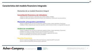 25ASHER Retos del Director Financiero 1 mar 15 v3
© Copyright Asher, San Martin & Company. LLC All Rights ReservedEn colaboración con
Consolidación financiera:
Para integrar la entidad medición
Planeación,
presupuesto y
pronóstico
Análisis de
rentabilidad y costos
(ABC)
Reportes financieros
CFO Scorecard
Elementos de un modelo financiero integral
Consolidación financiera y de indicadores
- Integrar los datos financieros y operativos para realizar análisis contables
- Integrar los datos para elaborar escenarios futuros con tendencias e información macroeconómica
Planeación, presupuesto y pronósticos
- Planear la asignación de recursos en inversiones y gastos en base a metas operativas y financieras
- Establecer metas y objetivos para cada área operativa y administrativa en base a su capacidad de ejecución
Análisis de rentabilidad
- Planear la asignación de recursos en inversiones y gastos en base a metas operativas y financieras
- Establecer las metas en margen financiero para los productos y servicios
- Analizar la rentabilidad de productos financieros, canales y segmentos de cliente
- Analizar la capacidad y uso de activos de las actividades
Reportes financieros
- Generar reportes estratégicos de la Dirección Financiera y Operativa (CFO Scorecard)
- Generar reportes financieros comunes para la operación
Característica del modelo financiero integrado
 
