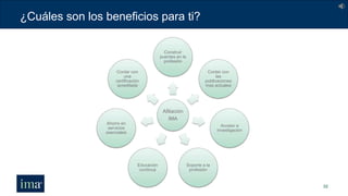 ¿Cuáles son los beneficios para ti?
32
Afiliación
IMA
Construir
puentes en la
profesión
Contar con
las
publicaciones
mas actuales
Acceso a
investigación
Soporte a la
profesión
Educación
continua
Ahorro en
servicios
esenciales
Contar con
una
certificación
acreditada
 