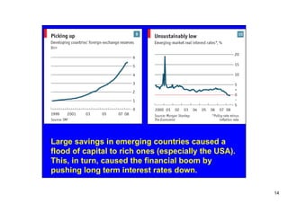 Large savings in emerging countries caused a
flood of capital to rich ones (especially the USA).
This, in turn, caused the financial boom by
pushing long term interest rates down.

                                                      14
 