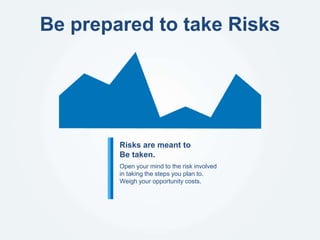 Be prepared to take Risks
Open your mind to the risk involved
in taking the steps you plan to.
Weigh your opportunity costs.
Risks are meant to
Be taken.
 
