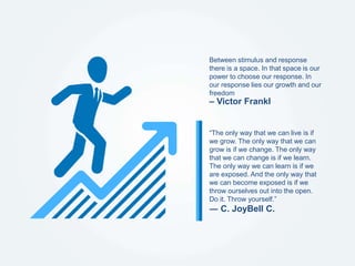 “The only way that we can live is if
we grow. The only way that we can
grow is if we change. The only way
that we can change is if we learn.
The only way we can learn is if we
are exposed. And the only way that
we can become exposed is if we
throw ourselves out into the open.
Do it. Throw yourself.”
― C. JoyBell C.
Between stimulus and response
there is a space. In that space is our
power to choose our response. In
our response lies our growth and our
freedom
– Victor Frankl
 