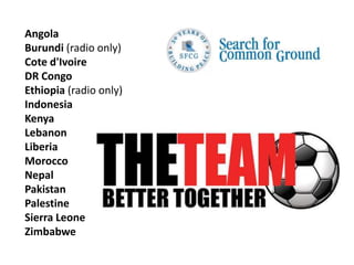 Angola
Burundi (radio only)
Cote d'Ivoire
DR Congo
Ethiopia (radio only)
Indonesia
Kenya
Lebanon
Liberia
Morocco
Nepal
Pakistan
Palestine
Sierra Leone
Zimbabwe
 