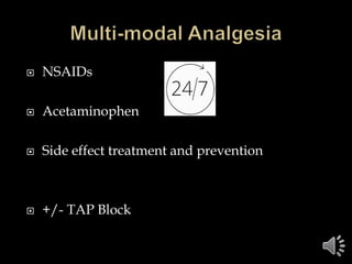  NSAIDs
 Acetaminophen
 Side effect treatment and prevention
 +/- TAP Block
 