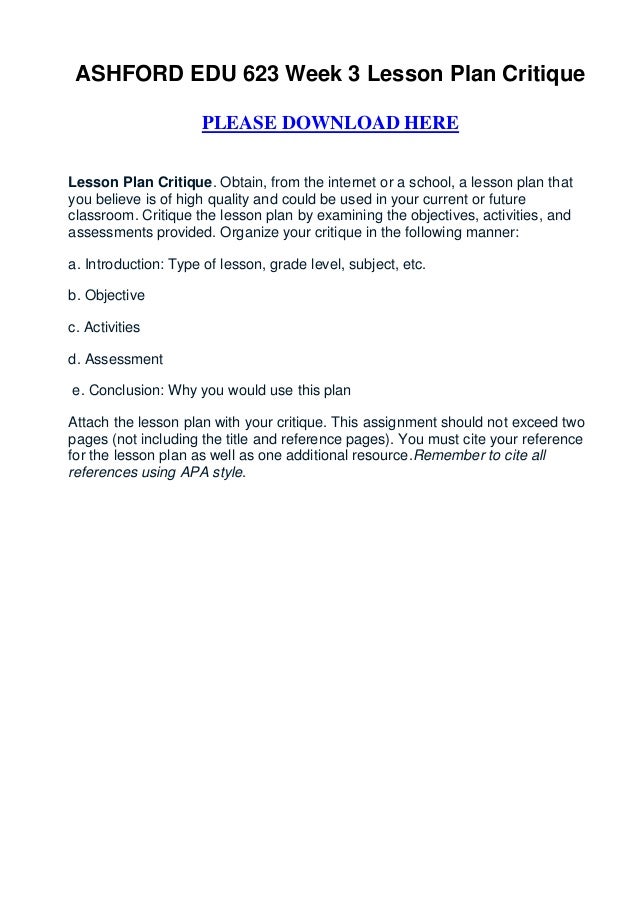 Ashford edu 623 week 3 lesson plan critique