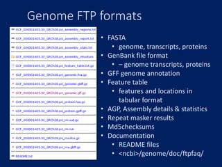 Genome FTP formats
• FASTA
• genome, transcripts, proteins
• GenBank file format
• – genome transcripts, proteins
• GFF genome annotation
• Feature table
• features and locations in
tabular format
• AGP, Assembly details & statistics
• Repeat masker results
• Md5checksums
• Documentation
• README files
• <ncbi>/genome/doc/ftpfaq/
 