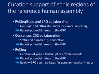 Curation support of genic regions of
the reference human assembly
• RefSeqGene and LRG collaboration
• Genomic and cDNA standards for clinical reporting
• Report potential issues to the GRC
• Consensus CDS collaboration
• Stabilized human CDS annotation
• Report potential issues to the GRC
• RefSeq
• Curation of genes, transcript & protein records
• Report potential issues to the GRC
• Review GRC patch updates for gene annotation impact
 