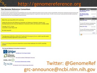 http://genomereference.org
Twitter: @GenomeRef
grc-announce@ncbi.nlm.nih.gov
 