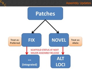 Assembly (e.g. GRCh38.p1)
Primary
Assembly
Unit
Non-nuclear
assembly unit
(e.g. MT)
ALT
1
ALT
2
ALT
3
ALT
4
ALT
5
ALT
6
ALT
7
PAR
Genomic
Region
(MHC)
Genomic
Region
(UGT2B17)
Genomic
Region
(MAPT)
Patches
Genomic
Region
(ABO)
Genomic
Region
(FOXO6)
Genomic
Region
(FCGBP)
Assembly Updates
Patches
FIX NOVEL
SCAFFOLD STATUS AT NEXT
MAJOR ASSEMBLY RELEASE
ALT
LOCI
--
(integrated)
Treat as:
Allelic
Treat as:
Preferred
 
