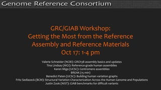 GRC/GIAB Workshop:
Getting the Most from the Reference
Assembly and Reference Materials
Oct 17: 1-4 pm
Valerie Schneider (NCBI): GRCh38 assembly basics and updates
Tina Lindsay (MGI): Reference-grade human assemblies
Karen Miga (UCSC): Centromere assemblies
BREAK (15 min)
Benedict Paten (UCSC): Building human variation graphs
Fritz Sedlazeck (BCM): Structural Variation Characterization Across the Human Genome and Populations
Justin Zook (NIST): GIAB benchmarks for difficult variants
 