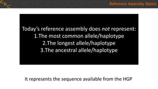 Today’s reference assembly does not represent:
1.The most common allele/haplotype
2.The longest allele/haplotype
3.The ancestral allele/haplotype
It represents the sequence available from the HGP
Reference Assembly Basics
 