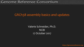 GRCh38 assembly basics and updates
Valerie Schneider, Ph.D.
NCBI
17 October 2017
https://genomereference.org
 