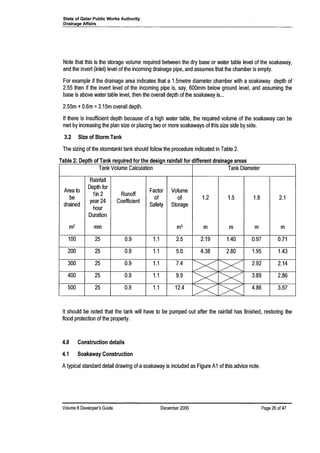 State of Qatar Public Works Authority
Drainage Affairs
Note that this is the storage volume required between the dry base or water table level of the soakaway,
and the invert (inlet) level of the incoming drainage pipe, and assumes that the chamber is empty.
For example if the drainage area indicates that a 1.5metre diameter chamber with a soakaway depth of
2.55 then if the invert level of the incoming pipe is, say, 600mm below ground level, and assuming the
base is above water table level, then the overall depth of the soakaway is...
2.55m +0.6m =3.15m overall depth.
If there is insufficient depth because of a high water table, the required volume of the soakaway can be
met by increasing the plan size or placing two or more soakaways of this size side by side.
3.2 Size of Storm Tank
The sizing of the stormtankl tank should follow the procedure indicated in Table 2.
Table 2: Depth of Tank required for the design rainfall for different drainage areas
Tank Volume Calculation Tank Diameter
Rainfall
Area to
Depth for
Factor Volume
be
1in 2 Runoff
of of 1.2 1.5 1.8 2.1
drained
year 24 Coefficient
Safety Storage
hour
Duration
m2 mm m3 m m· m m
100 25 0.9 1.1 2.5 2.19 1.40 0.97 0.71
200 25 0.9 1.1 5.0 4.38 2.80 1.95 1.43
300 25 0.9 1.1 7.4
><>< 2.92 2.14
400 25 0.9 1.1 9.9
><>< 3.89 2.86
500 25 0.9 1.1 12.4
><>< 4.86 3.57
It should be noted that the tank will have to be pumped out after the rainfall has finished, restoring the
flood protection of the property.
4.0 Construction details
4.1 Soakaway Construction
Atypical standard detail drawing of asoakaway is included as Figure A1of this advice note.
Volume 8Developer's Guide December 2006 Page 26 of4?
 