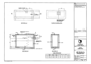 ~b~rz~~f;lN iO~EcJfm~Y I lOO I 1185
"'"
1350
1!!!I§;
1. All DIMENSIONS ARE IN HILLIHETRES UNLESS OTHERWISE
STATED
2. INTERNAL fACES OF THE TANK TO BE PAINTED WITH 1(OAT OF
BITUMINOUS EMULSION AN[) 2 (OATS OF BITUMINOUS PAINT
1 All FITTINGS TO 8E STAINLESS STEEL
4. FOR REINFORCEMENT DETAilS REFER TO ORG No. FS25
I.· 'I I,'"'.1 I.:~... I • :
r----------- ----l
I I 1 I
I I 1 I
I I~ ':JI I
I L_ -~ I
I I
L_____________ _ J
~
-$$=t==-~t
',4._ .
"'" '1 j.~ ~ I,4. 'I I I
~
;!'
DOUBLE T'
GRADE'
COVER.
675DIA
MDUTY
LE
SECTION A-A PLAN AT COVER LEVEL
~~. ~. FALL ~
",<:;:: :::::::if::::::::; ;;!WLT16@l15 (ON(RETE BLINDING LAYER
SECTION B-B
T16@l15OJY
SECTION C-C
TANK DIMENSIONS
TYPE I PERSONS LENGTH (L) WIDTH (WI BASE THICKNESS WALL T~I(KNESS I DIM X
SERVED (INSIDE) (lNSIDEI H
A I nOlO lOOO 1000 l50 l50 I 150
8 I 1no 20 4000 1300 l50 l50 I 200
PROJECT
BY I DATEAMENDMENTS
~DRAINAGE AFFAIRS
P.O. BOX 23337
TEL 4950055 FAX. 4950555
SEWERAGE
STANDARD DETAILS
SEPTIC TANK lYPE A a: B
GENERAL ARRANGEMENT AND
REINFORCEMENT DETAILS
REV.
CONSULTANTS
DRAWING STATUS
ml£
'DRAWN DAlE PROJECT CODE
JM JAN. 14
-CHECKED
RK JAN. 14 PROJECT NO.
APPROVED -SN JAN. H
IREVISION
SCAlE (AI)
DRAWING NO.
1:25 DC8
~T16@l150
T12@l1501
T16@l150~
~, ~
~
T16@l150~
"1
;iSl
"
~~I~!W6m ~e~IiRETE GRADE ope lO
I /'T12@l
15
1
fA
0,
N'
Z
>:
0
'r,~,~
".DRtf: L:QTOOl29OGB.GA &: RC.aw,
 