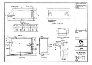 ./QlliJ
1. ALL Qn'lENSIONS ARE IN MILllf1ETRES UNLESS OTHERWISE
STATED
2. INTERNAL fACES OF THE TANK TO BE PAINTED WITH 1COAT OF
STEP IRONS AT 300 CENTRES 150 DlA PIPE TO SOA~
BITUMINOUS EMULSION AND 2 COATS OF BITUMINOUS PAINT
HORIZONTALLY & VERTIC AllY OR BOREHOLE
3. All fITTINGS TO BE S1AINlESS STEEL
C1
4. THE TOP lEVEL OF THE SCUM BOARD TO BE SDmm ABOVE
ttGHES1UWAGfLEY(l
.: .'';'
S. FOR REINFORCEHENT OETAilS REFER TO QRG NG. FS2fi
'W'1'1 ". 0-
... .I, ";,'
.. ,------------------------,
1<. 0.
I I
A S
If----::l
i~- - ;
I~I-~-
~
3 I I I I
~ -tf;!/=:$-
~
~ l_~~J I~ I
1..:: _ _ _
INLET PIPEWORK
... I I
.''':
L_ f-----------------------~
0'
'. 0-
0' ;",' :".-
1000 T ~ l T OOUBl TRIANGULAR MEDIUM DUTY
GRADE 'B' (ClASS 21 MANHOLE
SECTION A-A
COVER AND FRAME TO SUIT
615 DlA CLEAR OPENING
TANK DIMENSIONS PLAN AT COVER LEVEL
TYPE PERSONS lENGTH III WIDTHIWI BASE THICKNESS WAll THICKNESS
SERVED (INSIDE) (lNSIDEI H T
DIM X
C 21 TO 40 4150 1600 500 400 300
0 41 TO 80 6000 2000 600 450 345
E 81 TO 100 6500 2150 600 500 375
[
~
-
F 101 TO 3S0 9150 2500 600 600 650
:= REV. AMENDMENTS BY DATE
CONSULTANTS
§lL REINFORCED CONCRETE GRADE OPC 30 I 150 I
T12~1
SUSprNDED SLAB ./
T12@11S~
"- DETAIL OF PRECAST WEIR
"
r- 0
DRAWING STATUS
~
N
SCALE 1:2
;< l-
rA I- ~o:; SCREED TO FAll
~kR
:>: MIN. 25 THICK
0
"- 150' '50 TEE
N PRECAST CONCRET
--1-1
GRADE 5RC 30 WEIR
r-
JB
HIGHEST SEWAGE lEYfl /' f- lO THICK MORTAR No.2--
..
--!- ..W~ /
r- ~O@l150 75'15STAI;~ '.
REINFORCED CONe.
T20@llS<l' STEEL ANGLE '.
116@1~~ I
.GRADE OPC 30 IN _
I-
6 x 200 STAINLESS
'I
DRAINAGE AFFAIRS
WAll & BASE SLAB 116@115 116@11 STEEL SCUM BOARO
P.O. BOX 23337
!"- lJ...-DETAI
&- /---f46@11S0
'.
. .',dj. TEL 4950055 FAX. 4950555
I- 1 0 If"' .b- 0
0 ~ PROJECT
T20@l151-..--
b-
~T20~
N
.'
-.116@115
I'- I'-' 0
K' '-. SEWERAGE
116@11 0
L1<o ". STANDARD DETAILS0 . ".
- ~
011 .' '" .~".
11TLE
- FAll
..
II ~j'"
II
I-s 4'". ~~. SEPTIC TANK TYPE C. D. E t F
GENERAL ARRANGEMENT AND
Ix
. REINFORCEIAENT DETAILS
(ONCREl T20@l1So-"
BLINDING lA m@lll
300 T DRAWN DATE PROJECT CODE
SECTION B-B SECTION C-C
J" JAN. 14
-CHECKED
DETAIL 1
RK JAN. 14 PROJECT NO.
APPROVED -
SCALE 1:10 SN JAN. 14-
SCAlE (AI)
DRAWING NO. rEVISION
,...."••. ,. ..............."""'0,.'" ~ ..,...~.~
1:25.1:10 AI: 1:2 DG9
 