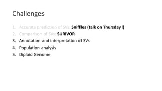 Challenges
1. Accurate prediction of SVs: Sniffles (talk on Thursday!)
2. Comparison of SVs: SURIVOR
3. Annotation and int...
