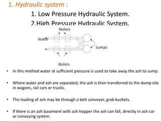 1. Hydraulic system :
1. Low Pressure Hydraulic System.
2.High Pressure Hydraulic System.
• In this method water at sufficient pressure is used to take away the ash to sump.
• Where water and ash are separated, the ash is then transferred to the dump site
in wagons, rail cars or trucks.
• The loading of ash may be through a belt conveyor, grab buckets.
• If there is an ash basement with ash hopper the ash can fall, directly in ash car
or conveying system.
 
