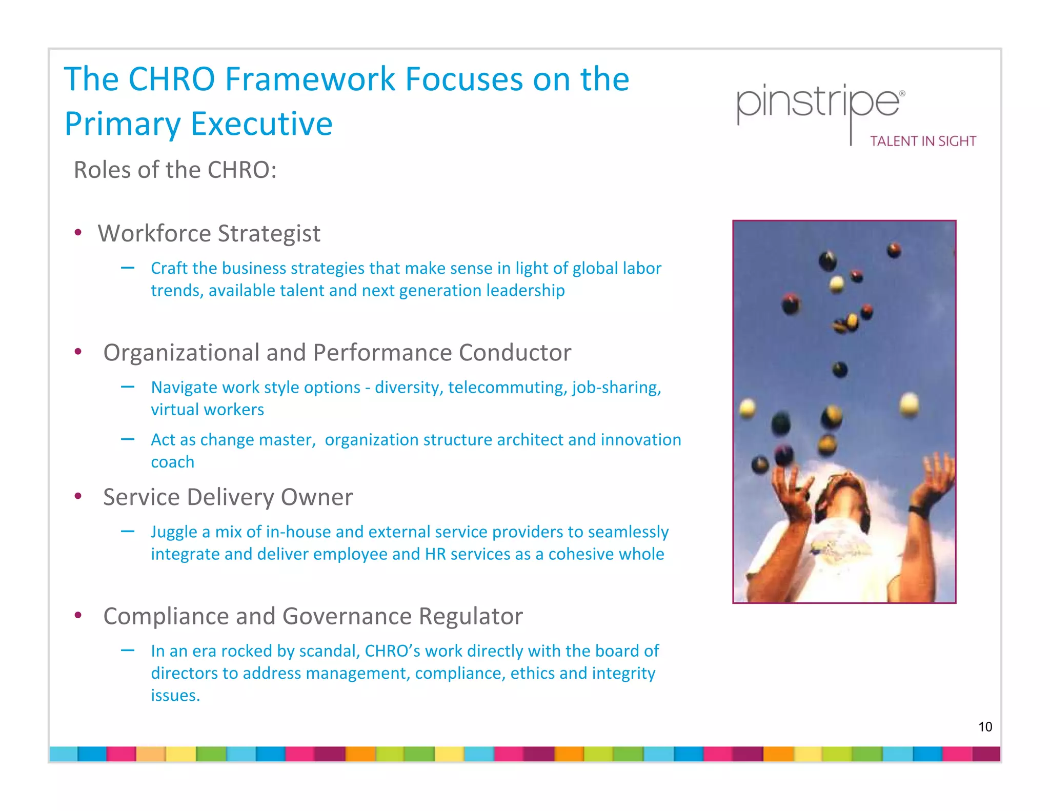 The CHRO Framework Focuses on the 
Primary Executive 
Roles of the CHRO: 

• Workforce Strategist
    –   Craft the business strategies that make sense in light of global labor 
        trends, available talent and next generation leadership


• Organizational and Performance Conductor
    –   Navigate work style options ‐ diversity, telecommuting, job‐sharing, 
        virtual workers
    –   Act as change master,  organization structure architect and innovation 
        coach

• Service Delivery Owner
    –   Juggle a mix of in‐house and external service providers to seamlessly 
        integrate and deliver employee and HR services as a cohesive whole


• Compliance and Governance Regulator
    –   In an era rocked by scandal, CHRO’s work directly with the board of 
        directors to address management, compliance, ethics and integrity 
        issues.
                                                                                  10
 