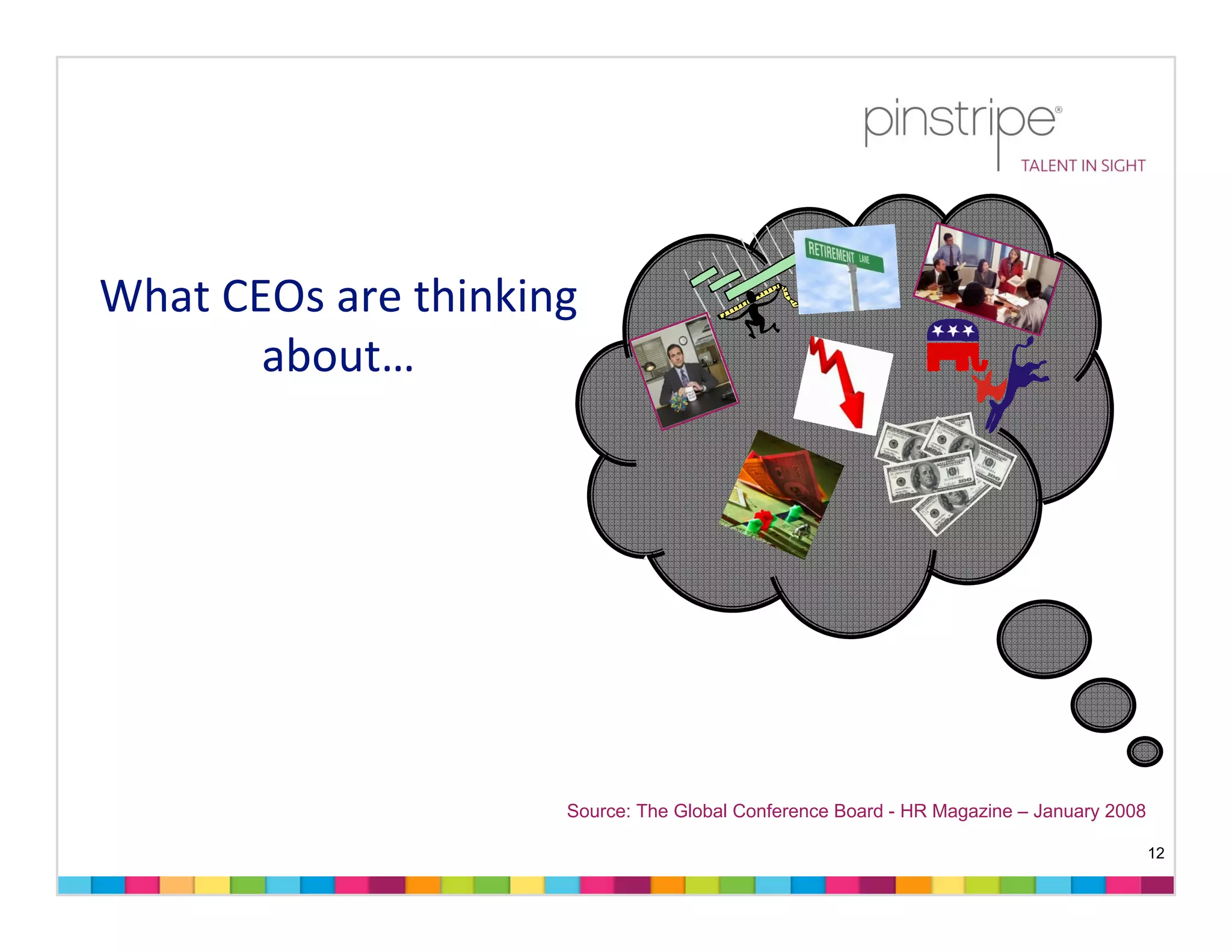 What CEOs are thinking 
       about…




                     Source: The Global Conference Board - HR Magazine – January 2008

                                                                                        12
 