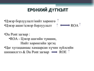 ЕРӨ НХИЙ ДҮ ГНЭЛТ
•Цэвэр борлуулалт/нийт хөрөнгө
•Цэвэр ашиг/цэвэр борлуулалт

ROA

•Du Pont загвар :
•ROA - Цэвэр ашгийн түвшин,
Нийт хөрөнгийн эргэц
•Цаг хугацаанаас хамаарсан хүчин зүйлсийн
шинжилгээ & Du Pont загвар
ROE

 