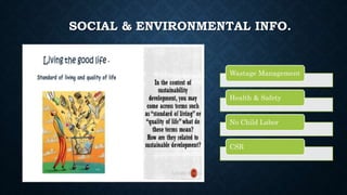 SOCIAL & ENVIRONMENTAL INFO.
Wastage Management
Health & Safety
No Child Labor
CSR
 