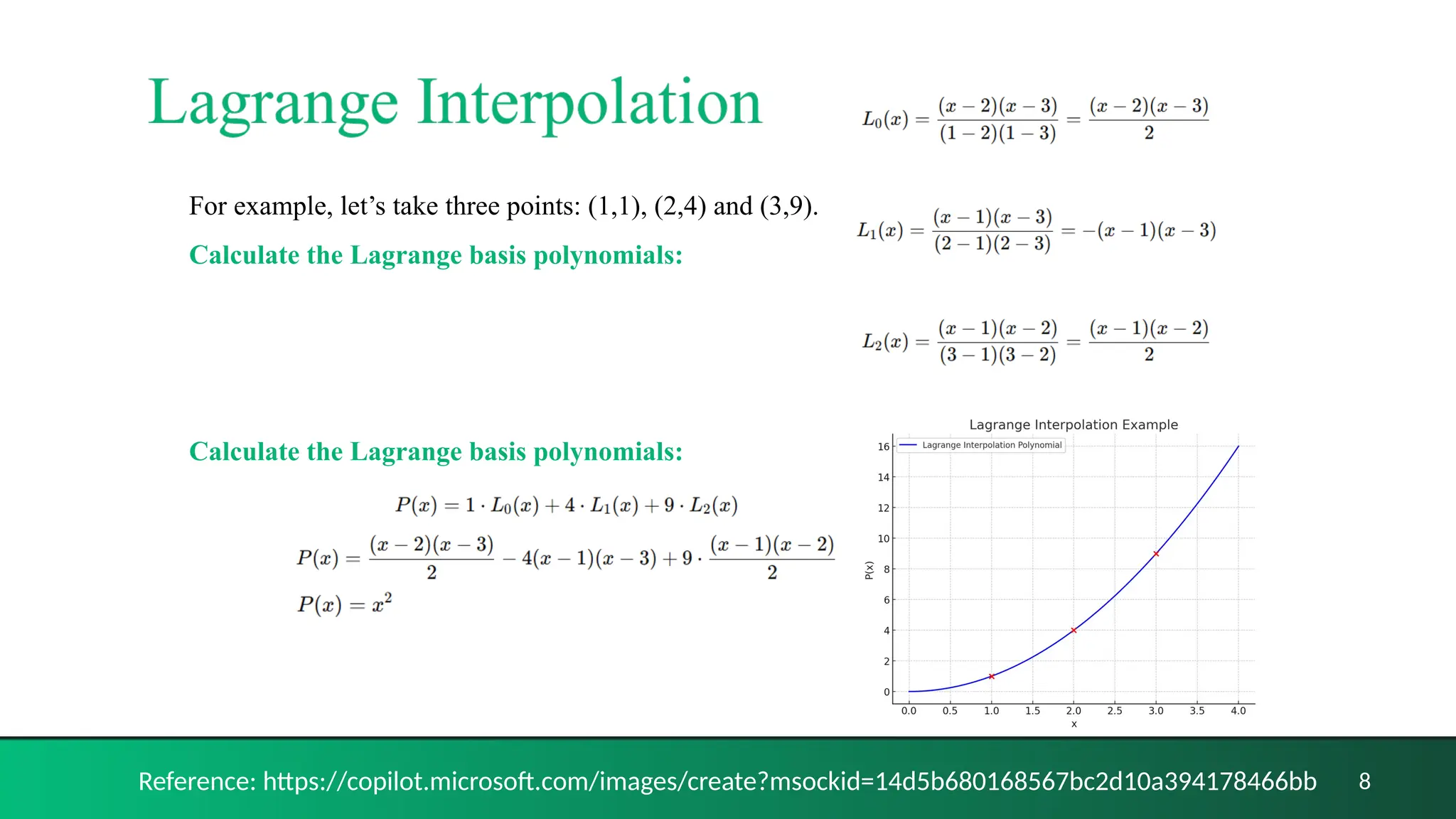8
Reference: https://copilot.microsoft.com/images/create?msockid=14d5b680168567bc2d10a394178466bb
For example, let’s take three points: (1,1), (2,4) and (3,9).
Calculate the Lagrange basis polynomials:
Calculate the Lagrange basis polynomials:
 