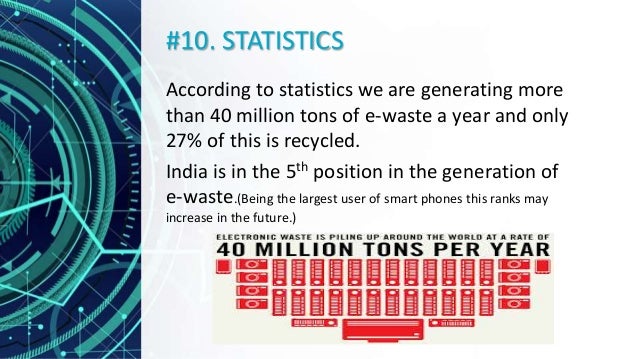 #10. STATISTICS
According to statistics we are generating more
than 40 million tons of e-waste a year and only
27% of this...