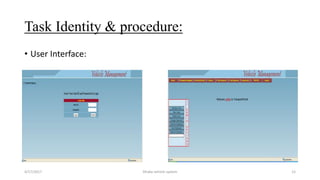 Task Identity & procedure:
• User Interface:
4/17/2017 Dhaka vehicle system 12
 