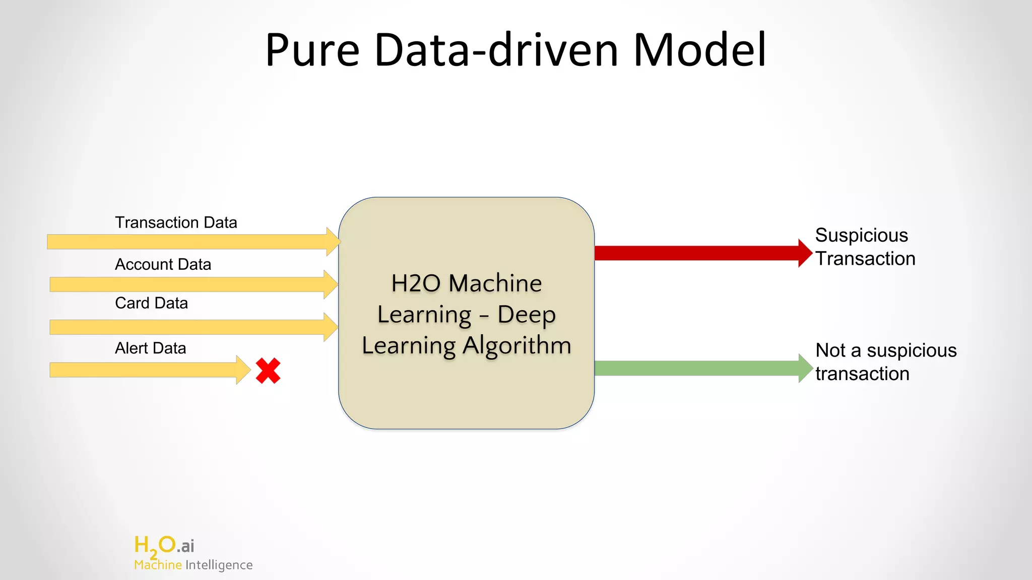 H2
O.ai
Machine Intelligence
Pure Data-driven Model
Not a suspicious
transaction
H2O Machine
Learning - Deep
Learning Algorithm
Suspicious
Transaction
Transaction Data
Alert Data
Card Data
Account Data
 