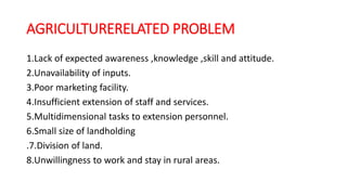 AGRICULTURERELATED PROBLEM
1.Lack of expected awareness ,knowledge ,skill and attitude.
2.Unavailability of inputs.
3.Poor marketing facility.
4.Insufficient extension of staff and services.
5.Multidimensional tasks to extension personnel.
6.Small size of landholding
.7.Division of land.
8.Unwillingness to work and stay in rural areas.
 