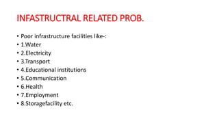 INFASTRUCTRAL RELATED PROB.
• Poor infrastructure facilities like-:
• 1.Water
• 2.Electricity
• 3.Transport
• 4.Educational institutions
• 5.Communication
• 6.Health
• 7.Employment
• 8.Storagefacility etc.
 