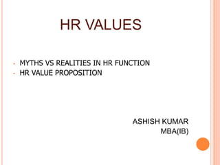 • MYTHS VS REALITIES IN HR FUNCTION
• HR VALUE PROPOSITION
ASHISH KUMAR
MBA(IB)
HR VALUES
 
