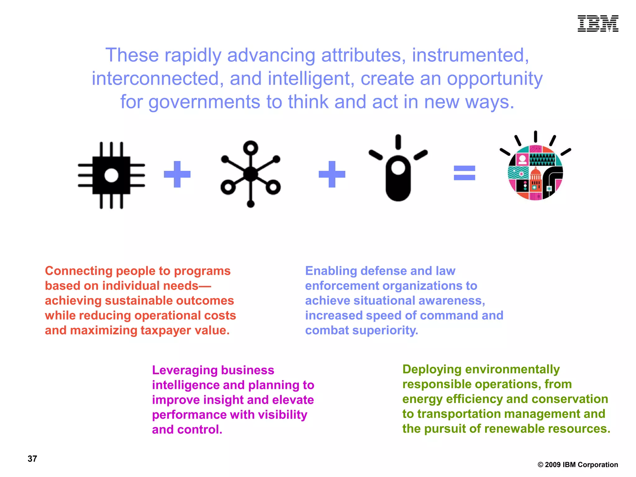 These rapidly advancing attributes, instrumented,
            interconnected, and intelligent, create an opportunity
                for governments to think and act in new ways.



                        +                            +                =

     Connecting people to programs              Enabling defense and law
     based on individual needs—                 enforcement organizations to
     achieving sustainable outcomes             achieve situational awareness,
     while reducing operational costs           increased speed of command and
     and maximizing taxpayer value.             combat superiority.


                      Leveraging business                     Deploying environmentally
                      intelligence and planning to            responsible operations, from
                      improve insight and elevate             energy efficiency and conservation
                      performance with visibility             to transportation management and
                      and control.                            the pursuit of renewable resources.

37
                                                                                    © 2009 IBM Corporation
 