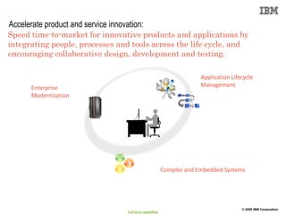 Accelerate product and service innovation:
Speed time-to-market for innovative products and applications by
integrating people, processes and tools across the life cycle, and
encouraging collaborative design, development and testing.

                                                                              Application Lifecycle
       Enterprise                                                             Management
       Modernization




                                                                 Complex and Embedded Systems




                                                                                              © 2009 IBM Corporation
                                     Full list of capabilities
 