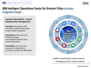 Modular segment (domain) slide


IBM Intelligent Operations Center for Smarter Cities provides
integrated insight…

  Smarter Operations – across
  departments and agencies

  Leverage information with
  real-time visibility of key data
  to drive better decisions

  Anticipate performance to
  identify, manage
  and mitigate incidents that
  impact operations

  Coordinate resources and
  processes to respond to
  situations rapidly and effectively



                                          …within a particular service area or
                                          …start within a particular service area or
                                              managing across many services
                                                           manage across services
                                                                      © 2009 IBM Corporation
 