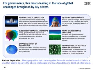 For governments, this means leading in the face of global
 challenges brought on by key drivers.


                 ACCELERATING GLOBALIZATION                      CHANGING DEMOGRAPHICS
                 Countries and societies are becoming            Median ages are rising in the developed
                 more economically interdependent across         countries of Italy, Germany and Japan,
                 social, political and cultural boundaries, as   but dropping in developing ones such
                 illustrated by current economic conditions.     as India.


                 EVOLVING SOCIETAL RELATIONSHIPS                 RISING ENVIRONMENTAL
                 Today, governments are expected to              CONCERNS
                 deliver results and value through secure,       Societies and governments are
                 private services that are available             becoming more attuned to what the
                 anywhere at any time.                           earth can provide and what it can
                                                                 tolerate.

                 EXPANDING IMPACT OF
                 TECHNOLOGY                                      GROWING THREATS TO SOCIAL
                 The adoption of the Internet is remaking        STABILITY AND ORDER
                 the landscapes of business, healthcare          From terrorism to armed conflict to
                 and government.                                 pandemics to natural disasters, the
                                                                 character of threats is changing.



Today’s imperative: Managing within the current global financial and economic crisis in a
way that begins to solve the above challenges and lay a foundation to build a better future.
38 38
                                                                                        © 2009 IBM Corporation
 