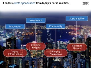 Leaders create opportunities from today’s harsh realities




                                                            Sustainability
                       Investment

     Innovation                         Community




                        Declining                             Increasing
                        Budgets                                 Threats
         Aging                           Changing
    Infrastructure                      Populations



                                                                   © 2009 IBM Corporation
 