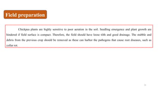 13
Chickpea plants are highly sensitive to poor aeration in the soil. Seedling emergence and plant growth are
hindered if field surface is compact. Therefore, the field should have loose tilth and good drainage. The stubble and
debris from the previous crop should be removed as these can harbor the pathogens that cause root diseases, such as
collar rot.
Field preparation
 