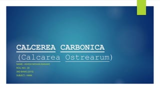 CALCEREA CARBONICA
(Calcarea Ostrearum)
NAME:- ASHISH MOHAN RANJAVE
ROLL NO:- 20
3RD BHMS (2015)
SUBJECT:- HMM.
 