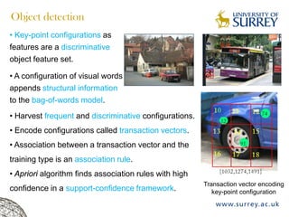 • Key-point configurations as
features are a discriminative
object feature set.
• A configuration of visual words
appends structural information
to the bag-of-words model.
Object detection
• Harvest frequent and discriminative configurations.
• Encode configurations called transaction vectors.
• Association between a transaction vector and the
training type is an association rule.
• Apriori algorithm finds association rules with high
confidence in a support-confidence framework.
Transaction vector encoding
key-point configuration
 