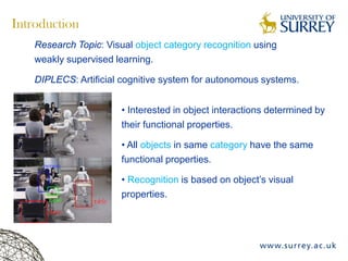 Introduction
Research Topic: Visual object category recognition using
weakly supervised learning.
DIPLECS: Artificial cognitive system for autonomous systems.
• Interested in object interactions determined by
their functional properties.
• All objects in same category have the same
functional properties.
• Recognition is based on object’s visual
properties.
 