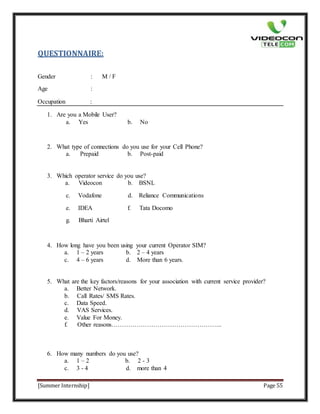 Sim Questionnaires videocon Telecom Project Report | DOCX