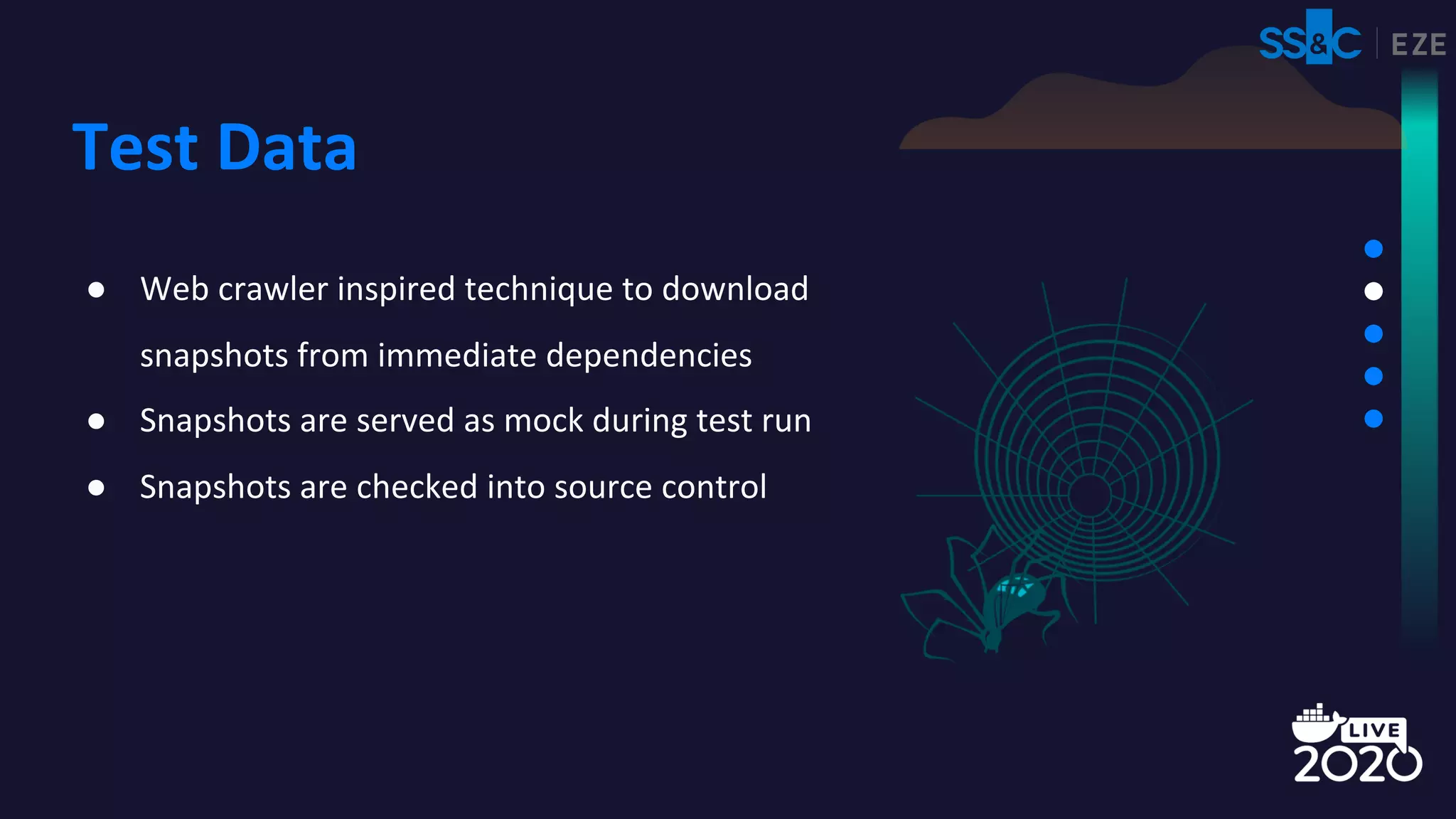 Test Data
● Web crawler inspired technique to download
snapshots from immediate dependencies
● Snapshots are served as mock during test run
● Snapshots are checked into source control
 