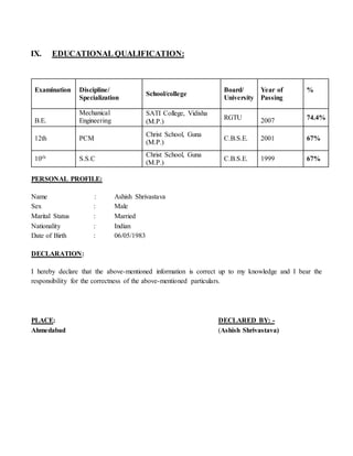 IX. EDUCATIONAL QUALIFICATION:
PERSONAL PROFILE:
Name : Ashish Shrivastava
Sex : Male
Marital Status : Married
Nationality : Indian
Date of Birth : 06/05/1983
DECLARATION:
I hereby declare that the above-mentioned information is correct up to my knowledge and I bear the
responsibility for the correctness of the above-mentioned particulars.
PLACE: DECLARED BY: -
Ahmedabad (Ashish Shrivastava)
Examination Discipline/
Specialization
School/college
Board/
University
Year of
Passing
%
B.E.
Mechanical
Engineering
SATI College, Vidisha
(M.P.)
RGTU 2007 74.4%
12th PCM
Christ School, Guna
(M.P.)
C.B.S.E. 2001 67%
10th S.S.C
Christ School, Guna
(M.P.)
C.B.S.E. 1999 67%
 