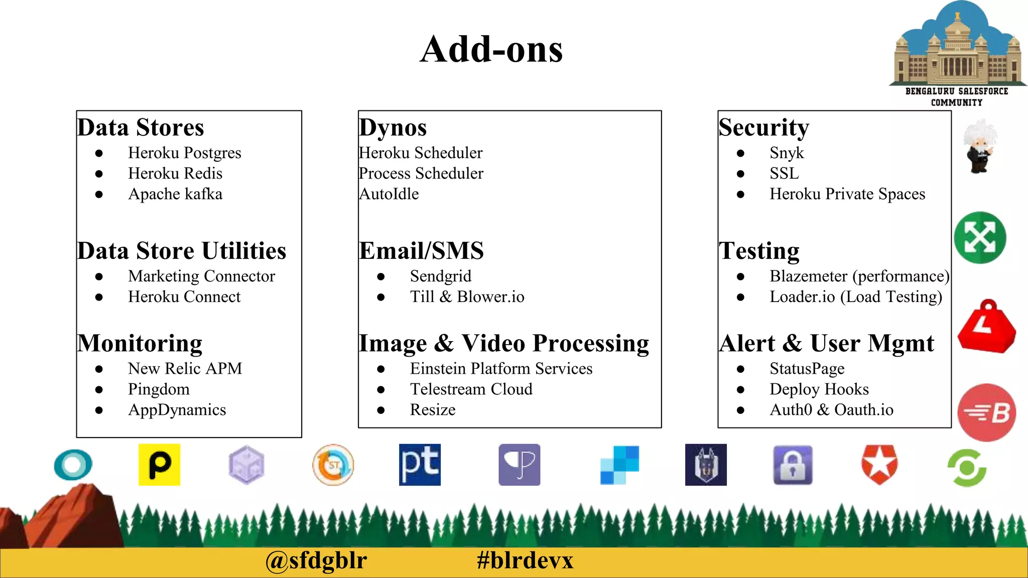@sfdgblr #blrdevx
Add-ons
Data Stores
● Heroku Postgres
● Heroku Redis
● Apache kafka
Data Store Utilities
● Marketing Connector
● Heroku Connect
Monitoring
● New Relic APM
● Pingdom
● AppDynamics
Dynos
Heroku Scheduler
Process Scheduler
AutoIdle
Email/SMS
● Sendgrid
● Till & Blower.io
Image & Video Processing
● Einstein Platform Services
● Telestream Cloud
● Resize
Security
● Snyk
● SSL
● Heroku Private Spaces
Testing
● Blazemeter (performance)
● Loader.io (Load Testing)
Alert & User Mgmt
● StatusPage
● Deploy Hooks
● Auth0 & Oauth.io
 
