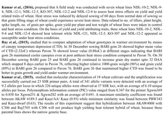 Kumar et al., (2016), proposed that A field study was conducted with seven wheat lines NDL-10-2, NDL-9-
4, NDL-12-1, NDL-12-3, KO-307, NDL-12-2 and NDL-12-4 to assess heat stress effects on yield and yield
related traits of wheat. Heat stress was induced by delayed sowing of 60 days from normal date of sowing so
that grain filling stage of wheat could experience severe heat stress. Data related to no. of tillers, plant height,
spike length, no. of grain per spike, grain yield per plant and test weight of wheat lines were taken in control
and heat stress condition. On the basis of yield and yield attributing traits, three wheat lines NDL-10-2, NDL-
9-4 and NDL-12-4 showed heat tolerant while NDL-121, NDL-12-3, KO-307 and NDL-12-2 appeared as
susceptible under heat stress conditions.
Ray et al., (2015), studied that to compare adaptation of wheat genotypes in warmer environment by means
of canopy temperature depression (CTD). In 30 December sowing BARI gom 26 showed higher mean value
of CTD (2.32oC) whereas Pavon 76 showed lower value (0.88oC) at different stages indicating that BARI
gom 26 maintained cooler canopies even at post anthesis heat stress condition compared to Pavon 76. On 30
December sowing BARI gom 25 and BARI gom 26 continued to increase grain dry matter upto 32 DAA
which stopped 8 days earlier in Pavon 76, reflecting higher relative 1000-grain weight (96%) and grain yield
(89%) in BARI gom 26 compared to Pavon 76. BARI gom 26 that maintained higher CTD was found to be
better in grain growth and yield under warmer environment.
Kumar et al., (2015), studied that molecular characterization of 18 wheat cultivars and the amplification was
successfully carried out 23 SSR primer pairs. A total of 341 allelic variants were detected with an average of
9.2 alleles per locus in which 226 unique alleles were observed at 37 SSR loci, with an average of 6.10 unique
alleles per locus. Polymorphism information content (PIC) value ranged from 0.347 for the primer Xgwm369
to 0.858 for Xgwm251 & Xgwm282 with an average of 0.691. A maximum similarity coefficient was found
between AKAW 4189-3 and Kauz/AA/ Kauz (0.93) while minimum similarity was found between PBW343
and Kauz-dwarf (0.63). The results of this experiment suggest that hybridization between AKAW4008 with
C306 and Raj3765 with C306 will not produce high yielding heat tolerant hybrid of wheat, because these
parental lines shows the narrow genetic base.
 