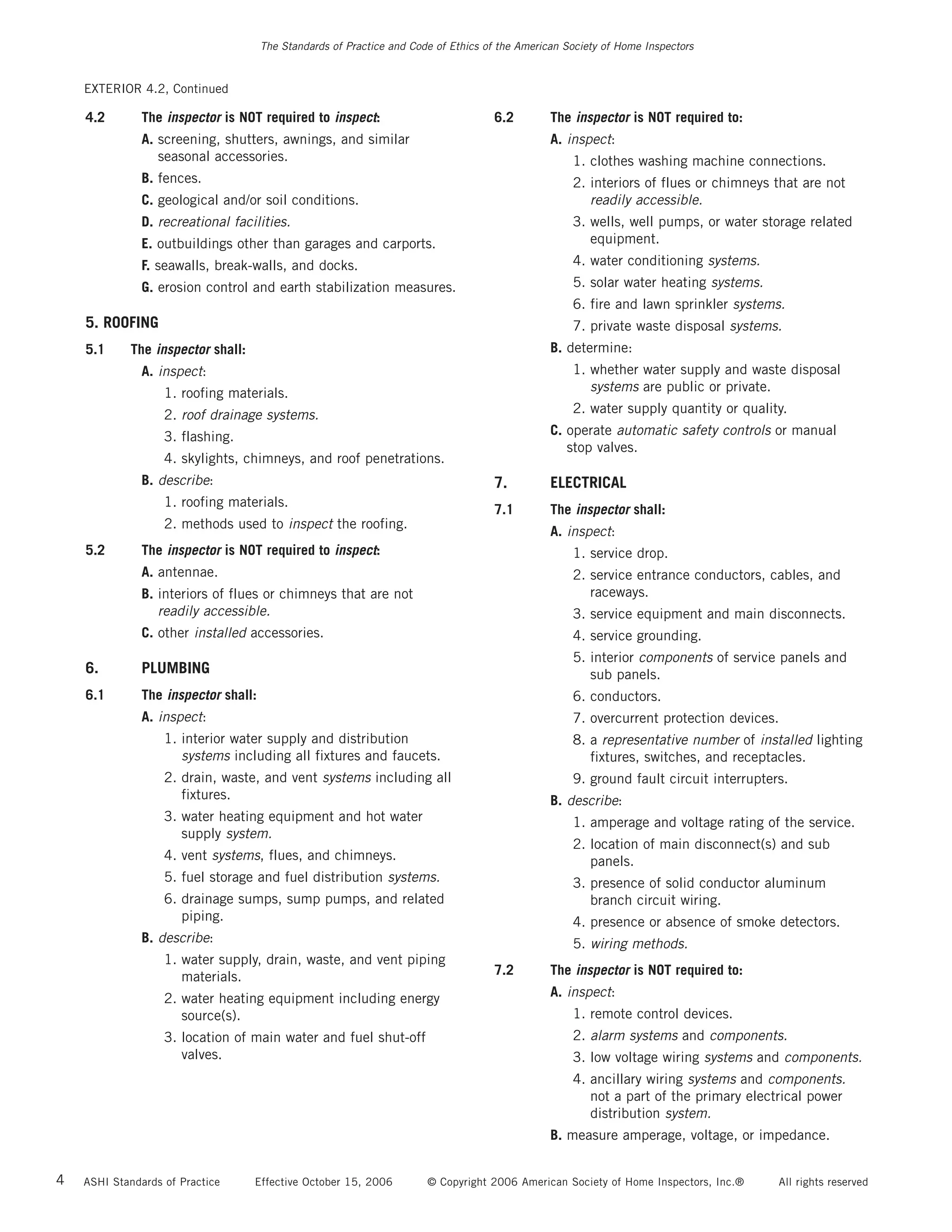 The Standards of Practice and Code of Ethics of the American Society of Home Inspectors


    EXTERIOR 4.2, Continued

    4.2        The inspector is NOT required to inspect:                             6.2        The inspector is NOT required to:
               A. screening, shutters, awnings, and similar                                     A. inspect:
                  seasonal accessories.                                                             1. clothes washing machine connections.
               B. fences.                                                                           2. interiors of flues or chimneys that are not
               C. geological and/or soil conditions.                                                   readily accessible.
               D. recreational facilities.                                                          3. wells, well pumps, or water storage related
               E. outbuildings other than garages and carports.                                        equipment.
               F. seawalls, break-walls, and docks.                                                 4. water conditioning systems.
               G. erosion control and earth stabilization measures.                                 5. solar water heating systems.
                                                                                                    6. fire and lawn sprinkler systems.
    5. ROOFING                                                                                      7. private waste disposal systems.
    5.1     The inspector shall:                                                                B. determine:
               A. inspect:                                                                          1. whether water supply and waste disposal
                   1. roofing materials.                                                               systems are public or private.
                   2. roof drainage systems.                                                        2. water supply quantity or quality.

                   3. flashing.                                                                 C. operate automatic safety controls or manual
                                                                                                   stop valves.
                   4. skylights, chimneys, and roof penetrations.
               B. describe:                                                          7.         ELECTRICAL
                   1. roofing materials.
                                                                                     7.1        The inspector shall:
                   2. methods used to inspect the roofing.
                                                                                                A. inspect:
    5.2        The inspector is NOT required to inspect:                                            1. service drop.
               A. antennae.                                                                         2. service entrance conductors, cables, and
               B. interiors of flues or chimneys that are not                                          raceways.
                  readily accessible.                                                               3. service equipment and main disconnects.
               C. other installed accessories.                                                      4. service grounding.
                                                                                                    5. interior components of service panels and
    6.         PLUMBING                                                                                sub panels.
    6.1        The inspector shall:                                                                 6. conductors.
               A. inspect:                                                                          7. overcurrent protection devices.
                   1. interior water supply and distribution                                        8. a representative number of installed lighting
                      systems including all fixtures and faucets.                                      fixtures, switches, and receptacles.
                   2. drain, waste, and vent systems including all                                  9. ground fault circuit interrupters.
                      fixtures.                                                                 B. describe:
                   3. water heating equipment and hot water                                         1. amperage and voltage rating of the service.
                      supply system.
                                                                                                    2. location of main disconnect(s) and sub
                   4. vent systems, flues, and chimneys.                                               panels.
                   5. fuel storage and fuel distribution systems.                                   3. presence of solid conductor aluminum
                   6. drainage sumps, sump pumps, and related                                          branch circuit wiring.
                      piping.                                                                       4. presence or absence of smoke detectors.
               B. describe:                                                                         5. wiring methods.
                   1. water supply, drain, waste, and vent piping
                      materials.                                                     7.2        The inspector is NOT required to:

                   2. water heating equipment including energy                                  A. inspect:
                      source(s).                                                                    1. remote control devices.
                   3. location of main water and fuel shut-off                                      2. alarm systems and components.
                      valves.                                                                       3. low voltage wiring systems and components.
                                                                                                    4. ancillary wiring systems and components.
                                                                                                       not a part of the primary electrical power
                                                                                                       distribution system.
                                                                                                B. measure amperage, voltage, or impedance.


4   ASHI Standards of Practice     Effective October 15, 2006          © Copyright 2006 American Society of Home Inspectors, Inc.®     All rights reserved
 